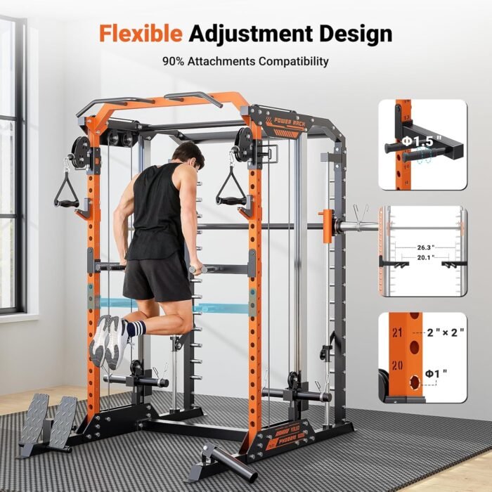 YOLEO Smith Machine with Independent Dual-Pulley System, 1700LBS Adjustable Cable Crossover Squat Rack, Multi-Functional Power Cage for Home Gym with More Workout Equipment LAT Pulldown Bar & Dip Bar - Image 8