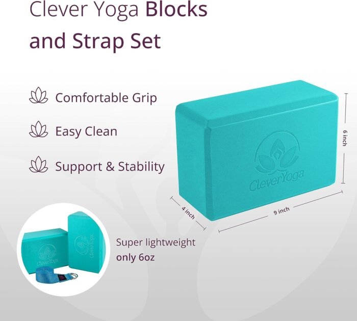 Clever Yoga Blocks 2 Pack with Strap - Extra Light Weight Sweat Repelling Foam Yoga Block Set with Cotton 8ft Yoga Stretch Strap - Yoga Block and Strap Set Kit for Beginner to Pro - Exercise - Image 6
