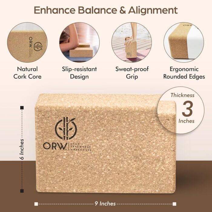 ORW OREN’S Natural Cork Yoga Block – 9”x6”x3”, 1.5 lbs – Heavyweight, Non-Slip, Eco-Friendly Support for Balance, Stretching, Pilates & Fitness – Dense Yoga Prop for All Levels - Image 4