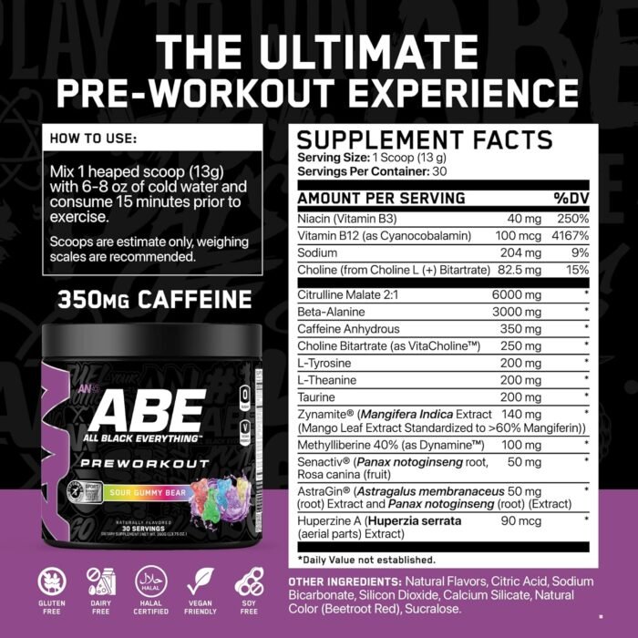 All Black Everything Pre Workout Powder | 30 Servings | Sour Gummy Bear | 350mg Caffeine | Nootropic Pre-Workout Blend | Beta Alanine + Citrulline | Energy Supplement for Men and Women - Image 3