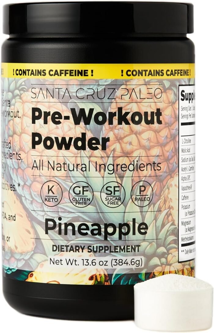 Santa Cruz Paleo Pre Workout Powder with Caffeine & Electrolytes, Magnesium, Potassium, Sea Salt & L Citrulline, Sugar Free Preworkout Drink Mix for Energy & Hydration, Pineapple Flavor, 30 Servings - Image 2