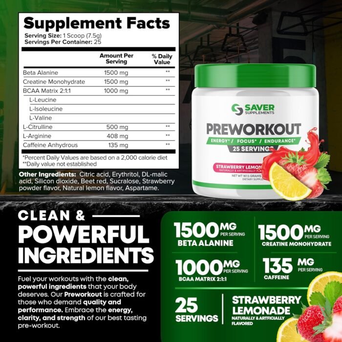 Pre Workout Powder with Beta Alanine, Creatine Monohydrate, BCAA, L Citrulline, L Arginine and Caffeine - Strawberry Lemonade Flavor - 25 Servings - Image 8