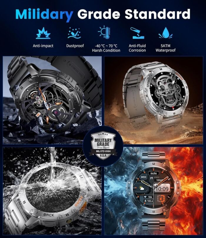 Military Smart Watch for Men (Answer/Make Calls), Rugged Smartwatch with Flashlight/40 Days Battery/Heart Rate/SpO2/Sleep Monitor/120+Sport Modes/IP68 Waterproof,Fitness Tracker for iPhone Android - Image 9