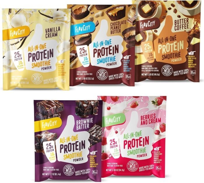 FlavCity Grass Fed Whey Protein Powder - Variety Pack - 25g Protein & 10g Collagen - 5 Single Serve Packets - Made with Organic Reishi & Cordyceps - Gluten Free & No Added Sugars - Image 2