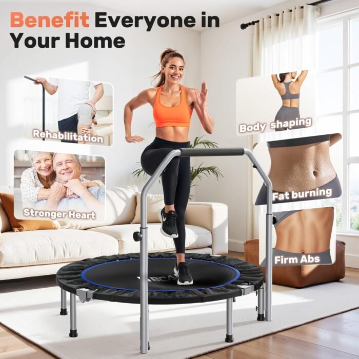 BCAN 40/48" Foldable Mini Trampoline Max Load 330lbs/440lbs, Fitness Rebounder with Adjustable Foam Handle, Exercise Trampoline for Adults Indoor/Garden Workout - Image 4