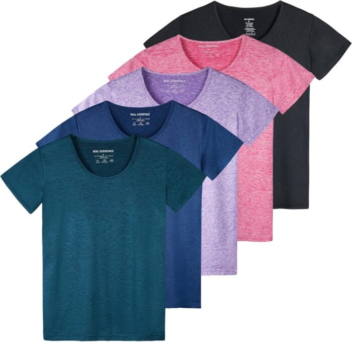 Real Essentials 5 Pack: Women's Dry Fit Tech Stretch Short-Sleeve Crew Neck Athletic T-Shirt (Available in Plus Size) - Image 2