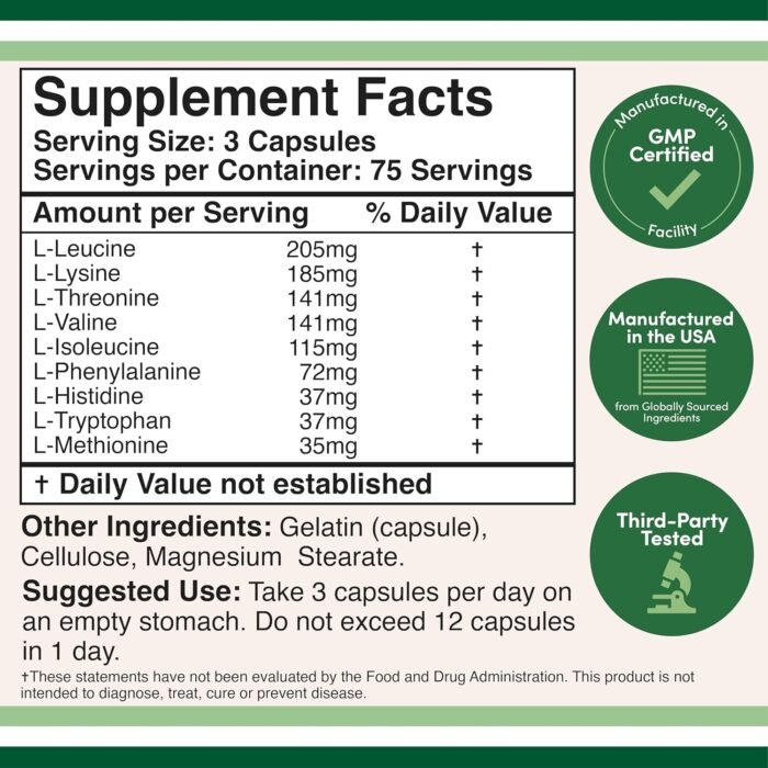 Essential Amino Acids - 1 Gram Per Serving Powder Blend of All 9 Essential Aminos (EAA) and All Branched-Chain Aminos (BCAAs) (Leucine, Isoleucine, Valine) 225 Capsules, Gluten Free by Double Wood - Image 3