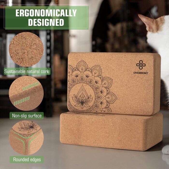 Overmont Cork Yoga Blocks 2 pack with 8ft Strap Natural Cork Bricks- High Density & Eco Friendly Yoga Accessories for Women - Ideal for Yoga Pilates General Fitness and Stretching 9x6x3'' - Image 8