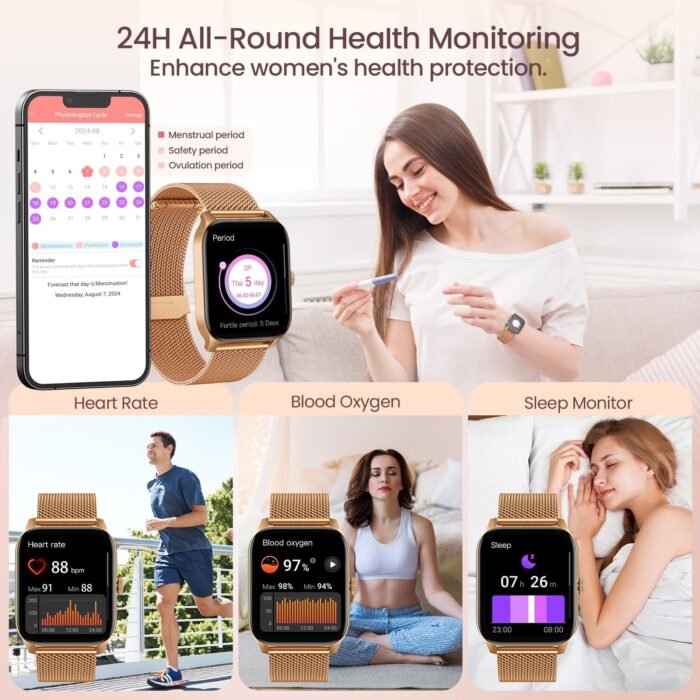 Smart Watches for Women Android iOS Phones: Gold Smartwatch for Women 1.83" Touchscreen with Answer/Make Call Waterproof Heart Rate Blood Pressure Sleep Sport Alarm Pedometer Calorie Fitness Tracker - Image 4