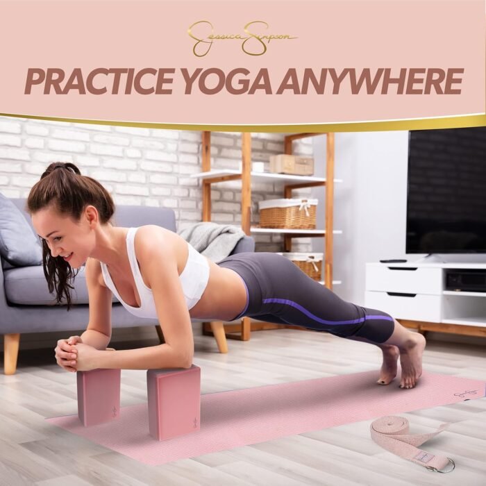 Jessica Simpson 4-Piece Yoga Kit - Pink Yoga Starter Set With Mat, Blocks, Strap - Image 4