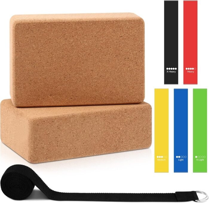Liliful 2 Pack Cork Yoga Block with Strap and 5 Pcs Resistance Bands Exercise Bands 9 x 6 x 3 Inch Natural Yoga Block Set for Women Men Exercise Stretching Fitness Workout Pilates - Image 2