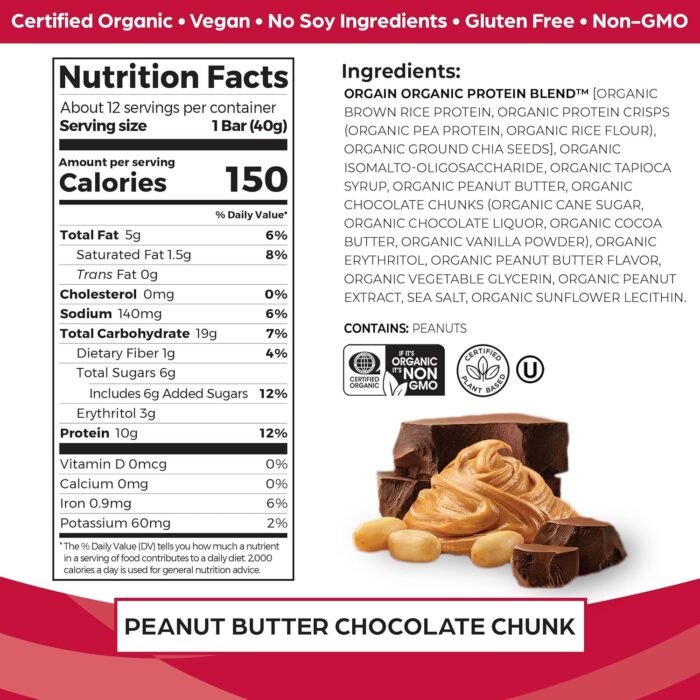 Orgain Organic Vegan Protein Bars, Peanut Butter Chocolate Chunk - 10g Plant Based Protein, Low Calorie Healthy Snacks, No Lactose or Soy Ingredients, Gluten Free, Non-GMO - 1.41 Oz (Pack of 12) - Image 3