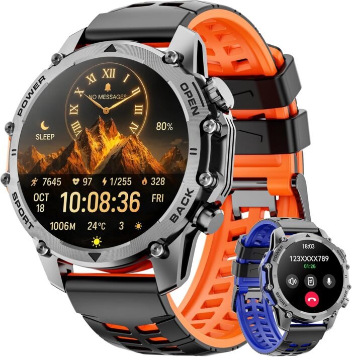 Smart Watch (Call/Notification),1.52'' Military Smart Watches for Men, Two Style Kits,Flashlight,100+Sport Modes/Heart Rate/Sleep Monitor/Pedometer, Fitness Tracker Android Phones iPhone Compatible - Image 2