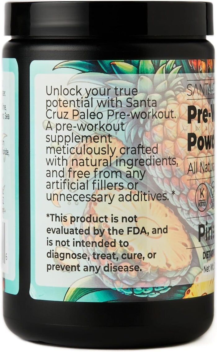 Santa Cruz Paleo Pre Workout Powder with Caffeine & Electrolytes, Magnesium, Potassium, Sea Salt & L Citrulline, Sugar Free Preworkout Drink Mix for Energy & Hydration, Pineapple Flavor, 30 Servings - Image 7