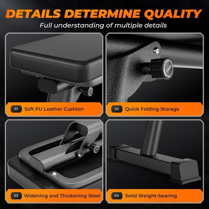 BODY RHYTHM Semi-Commercial Foldable Flat Bench for Multi-Purpose Weight Training and Ab Workout, Flat Weight Workout Exercise Bench with 1000lb Weight Capacity for Strength Training Bench Press, Suitable for Home and Gym. - Image 6