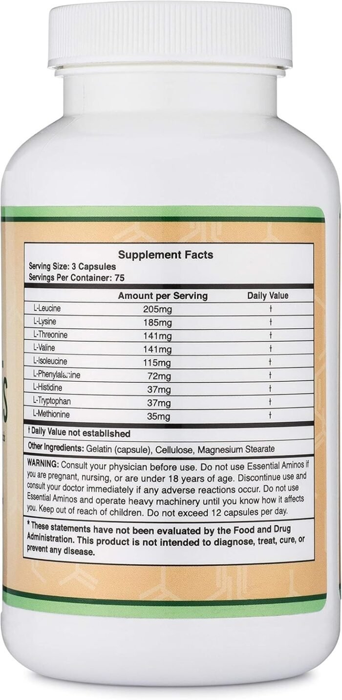 Essential Amino Acids - 1 Gram Per Serving Powder Blend of All 9 Essential Aminos (EAA) and All Branched-Chain Aminos (BCAAs) (Leucine, Isoleucine, Valine) 225 Capsules, Gluten Free by Double Wood - Image 5