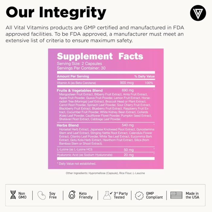 Vital Vitamins Vegan Collagen Booster - Plant-Based Collagen Supplements - Supports Hair, Skin, Nails & Joints - with Hyaluronic Acid - 60 Capsules - Image 7