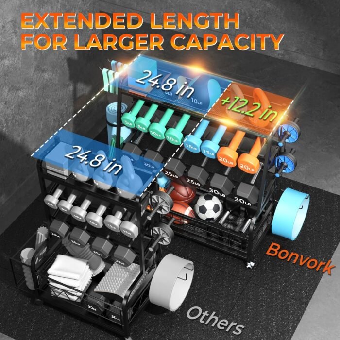 XL Dumbbell Rack Weight Stand - Adjustable Weight Rack for Dumbbells, Home Gym Storage Rack for Kettlebell, Balls,Yoga Mat Storage Holder, Workout Equipment Storage Organizer With Wheels - Image 4