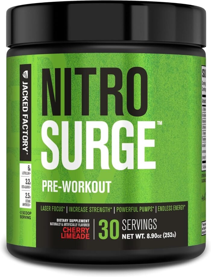Jacked Factory NITROSURGE Pre Workout Supplement - Endless Energy, Instant Strength Gains, Clear Focus, Intense Pumps - NO Booster & Preworkout Powder with Beta Alanine - 30 Servings, Cherry Limeade - Image 2