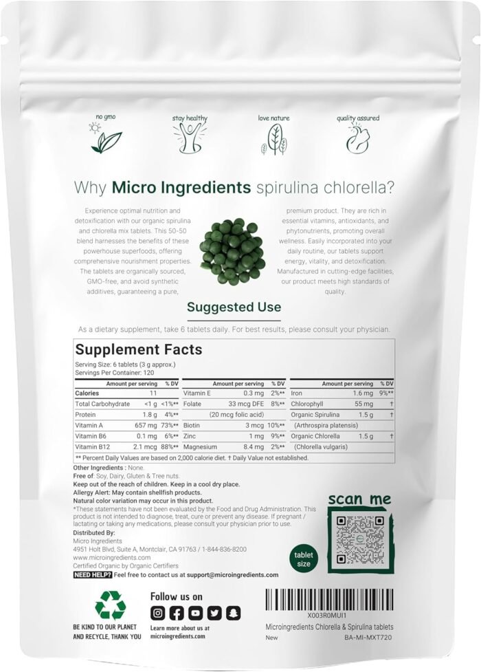 Organic Spirulina Chlorella Tablets, 3,000mg Per Serving, 720 Tablets (4 Month Supply) | 50/50 Blend Superfood | Cracked Cell Wall for Better Absorption | Rich in Vegan Protein & Chlorophyll - Image 3
