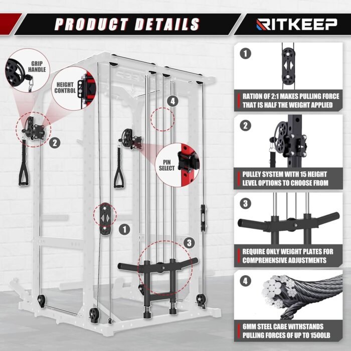 RitKeep Power Cage M10 for Home Weight Training, with Olympic Barbell&Bench,Power Rack with Pulley System, Multi-Function Workout Machine - Image 6