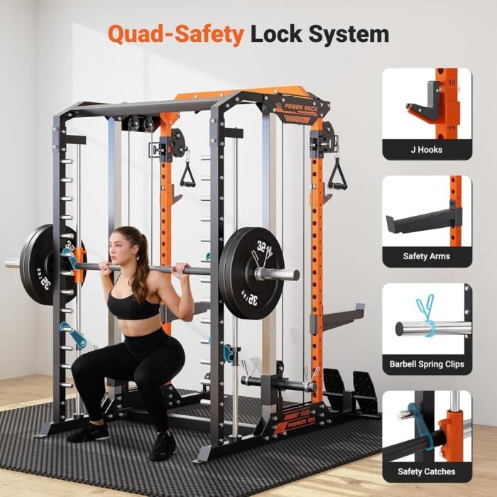 YOLEO Smith Machine with Independent Dual-Pulley System, 1700LBS Adjustable Cable Crossover Squat Rack, Multi-Functional Power Cage for Home Gym with More Workout Equipment LAT Pulldown Bar & Dip Bar - Image 3