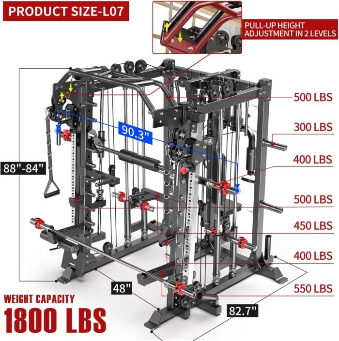 Smith Machine，Multi-Function Squat Rack Power Cage with Cable Crossover System,with Optional Weight Bench, Olympic Barbell Weight Set, for Home Gym - Image 4