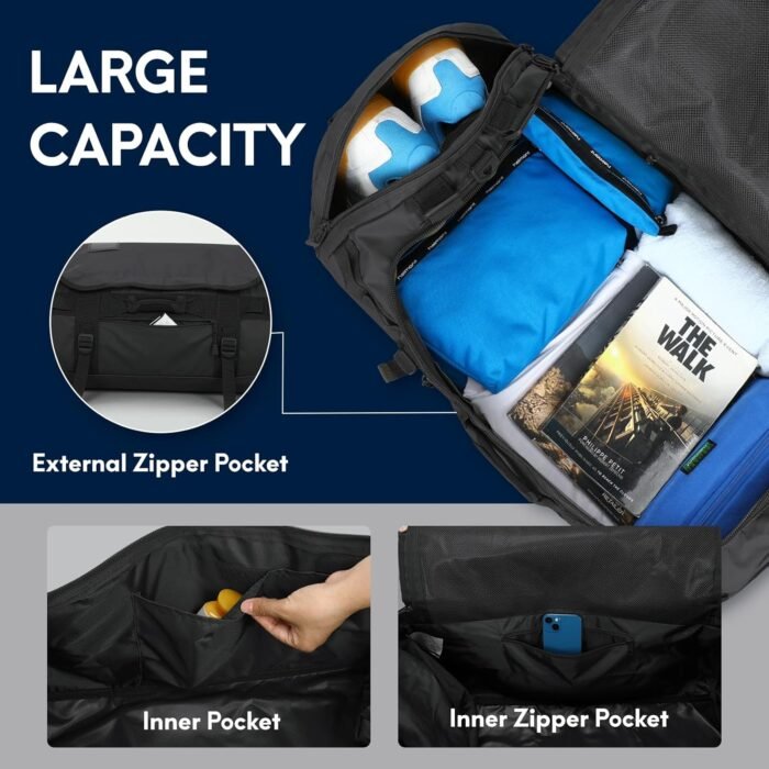 Haimont Duffle Backpack for Men Women, Convertible Travel Duffel Bag Backpack with Shoes Compartment, Heavy Duty Weekender Bags for Sports Gym, Traveling, Camping, Water-resistant, 60L, Black - Image 5