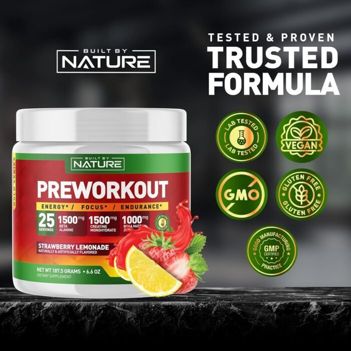 Built by Nature Pre Workout Powder with Beta Alanine, Creatine Monohydrate, BCAA, L Citrulline, L Arginine and Caffeine - Strawberry Lemonade Flavor - 25 Servings - Image 9