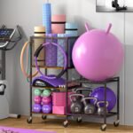 5 Tier Dumbbell Rack, Yoga Mat Storage Holder, Home Gym Storage Rack, Workout Equipment Storage Organizer, Weight Storage Holder Rack with Hooks and Wheels - Image 2