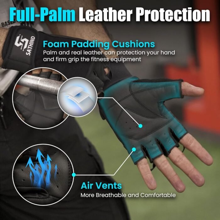 Leather Workout Gloves for Men & Women – Anti-Slip Weightlifting, Gym, and Cycling Gloves with StretchBack Mesh, Full Palm Protection Extra Grip for Fitness & Cross-Training Gloves - Image 3