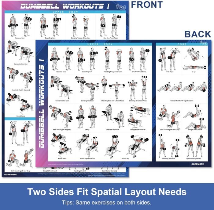 Dumbbell Workout Poster Set (2 Pack) - Workout Charts for Home Gym, Volume I & II - 18" x 24" with Enlarged Dumbbell Exercise Illustrations - Image 7