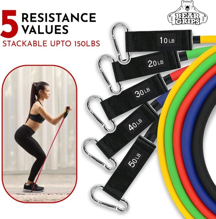 Bear Grips Tube Resistance Bands for Working Out - Home Gym Equipment Exercise Bands with Handles for Women and Men - 11 Pcs Resistance Tubes Workout Set for Yoga Blocks - Image 4