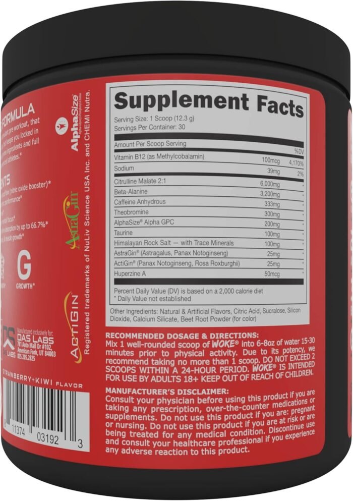Bucked Up - Woke - HIGH STIM Pre Workout - Best Tasting - Focus Nootropic, Pump, Strength and Growth, 30 Servings (Strawberry Kiwi) - Image 3