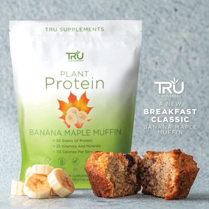 TRU Supplements Plant Based Protein Powder, BCAA, EAA, 20g Vegan Brown Rice & Pea Protein, 100 Calories, 27 Vitamins, No Artificial Flavors 25 Servings (Banana Maple Muffin) - Image 4