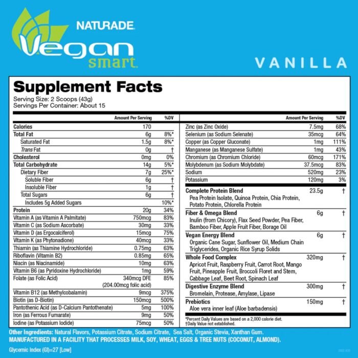 Vegansmart Naturade Plant Based Vegan Protein Powder - All-in-One Nutritional Shake Protein Blend - Gluten Free & Non-GMO - Vanilla (15 Servings) - Image 3