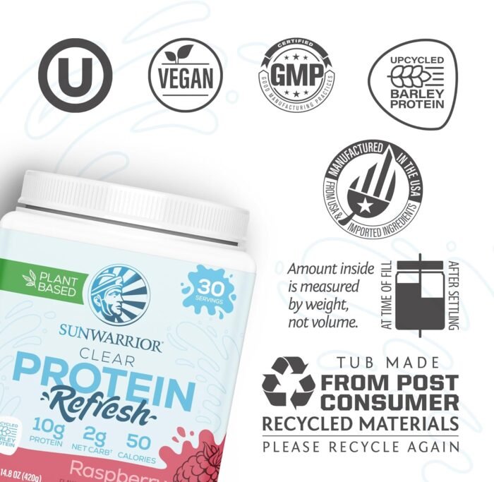 Sunwarrior Clear Protein Powder Plant-Based Water Mix, Vegan and Refreshing Protein and Hydration Supplement 10g Per Serving Raspberry Flavored 420g Tub 30 Servings - Image 4