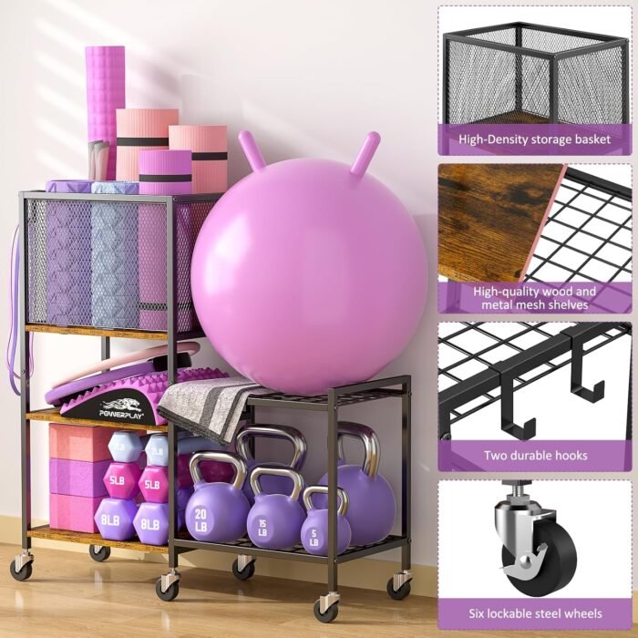 5 Tier Dumbbell Rack, Yoga Mat Storage Holder, Home Gym Storage Rack, Workout Equipment Storage Organizer, Weight Storage Holder Rack with Hooks and Wheels - Image 6