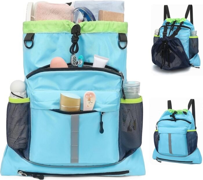 Drawstring Backpack, Waterproof Sandproof Beach Backpack for Sport Gear Small Gym Bag with Hidden Ball Net Pocket and Seperated Wet Pocket Draw String Back Bag for Women Men, Blue - Image 10