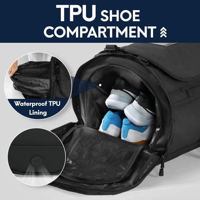 Haimont Duffle Backpack for Men Women, Convertible Travel Duffel Bag Backpack with Shoes Compartment, Heavy Duty Weekender Bags for Sports Gym, Traveling, Camping, Water-resistant, 60L, Black - Image 4