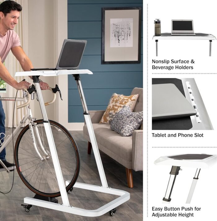 Adjustable Bike Desk - Rolling Laptop Cart for Stationary Bike or Trainer - Exercise While Working or Watching TV - Standing Desk - Image 3