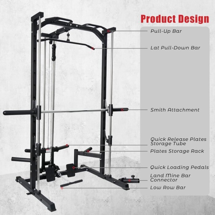 RitFit Smith Machine Power Rack with LAT-Pull Down System, Landmine, Barbell Bar, Plate Storage Pegs and More Training Attachment (Smith Machine 1.0), Black - Image 5