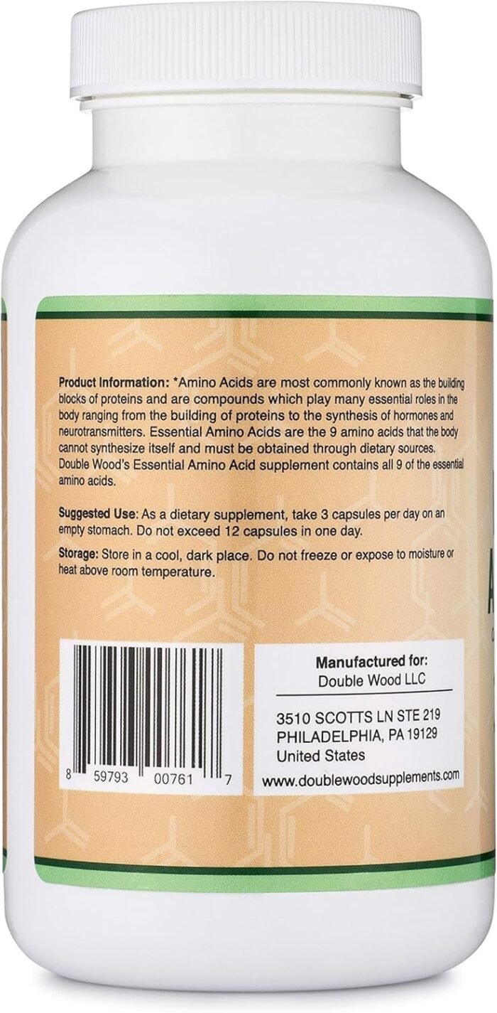 Essential Amino Acids - 1 Gram Per Serving Powder Blend of All 9 Essential Aminos (EAA) and All Branched-Chain Aminos (BCAAs) (Leucine, Isoleucine, Valine) 225 Capsules, Gluten Free by Double Wood - Image 6