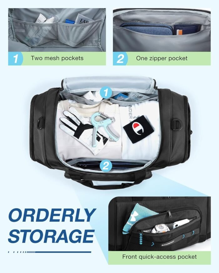 BAGSMART Gym Bag for Men & Women, Sports Travel Duffel Bag Carry-on Bag, Lightweight Weekend Overnight Bag with Shoe Compartment & Wet Pocket, Water-resistant Workout Duffle Bag for Travel Gym -Black - Image 5