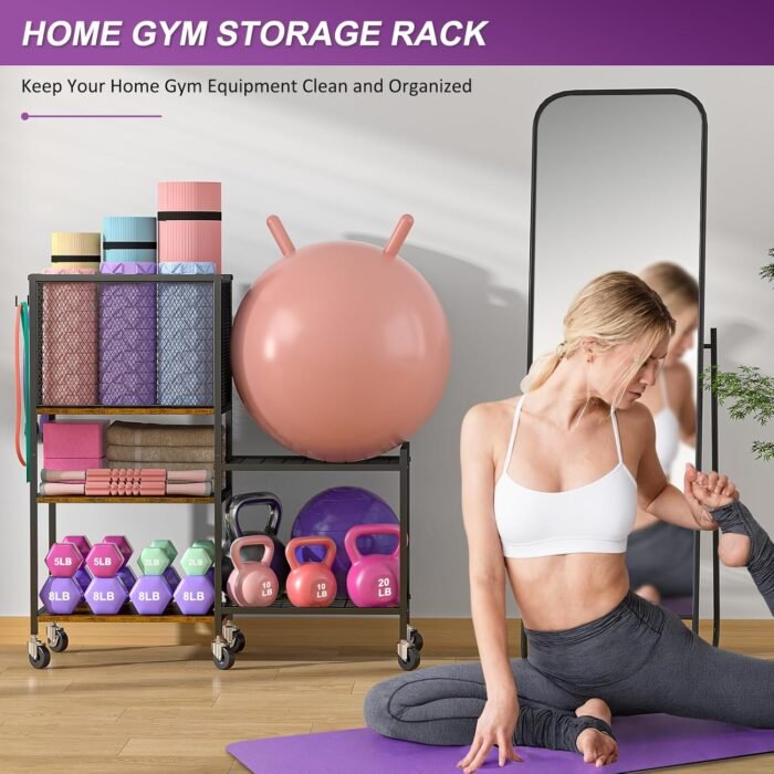 5 Tier Dumbbell Rack, Yoga Mat Storage Holder, Home Gym Storage Rack, Workout Equipment Storage Organizer, Weight Storage Holder Rack with Hooks and Wheels - Image 4