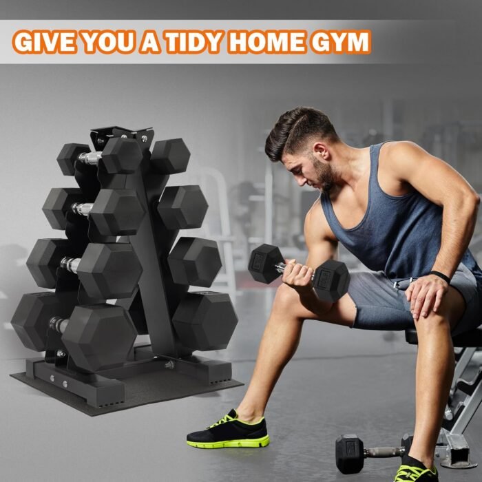 Rubber Coated Hex Dumbbell Weight Set and Storage Rack, 100LB Set or 150LB Set, 5-20 lbs Pairs or 5-25 lbs Pairs - Image 8