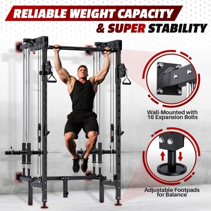 Folding Squat Rack, Wall Mounted Power Rack with Cable Crossover Machine & LAT Pull Down Multi-Function Space-Saving Power Cage with 7 Adjustable Modes/Dual Pulley System/Pull-up Bar/360°Landmine - Image 6