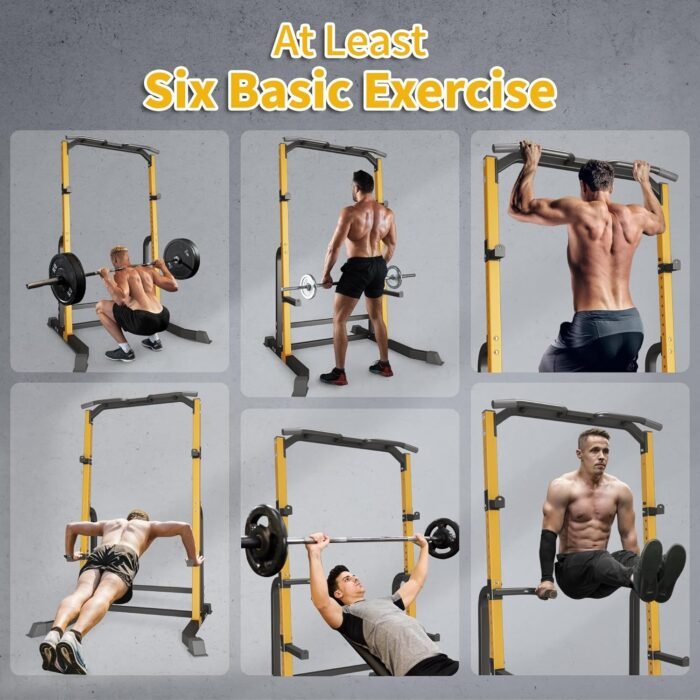 Power Cage - Heavy Duty 1000lb Capacity Squat Rack with Pull-Up Bar & Spotter Arms, Adjustable Home Gym Power Rack for Strength Training, Space-Saving Design (Yellow) - Image 5