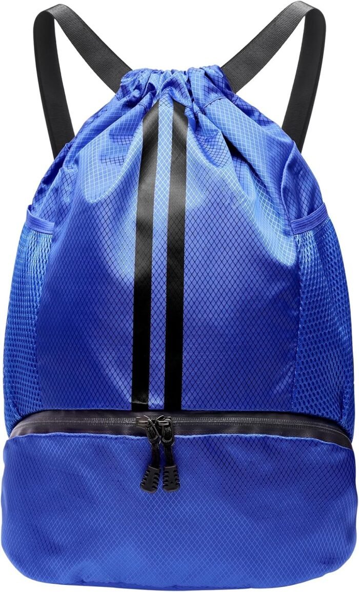 Sports Drawstring Backpack, Gym Bag with Water Bottle Holder Pockets, Shoe Compartment, Waterproof Pocket, Drawstring Bag for Women Men - Image 2