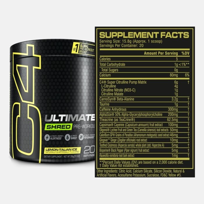 Cellucor C4 Ultimate Shred Pre Workout Powder for Men & Women, Metabolism Supplement with Ginger Root Extract, Lemon Italian Ice, 20 Servings (Pack of 1) - Image 3